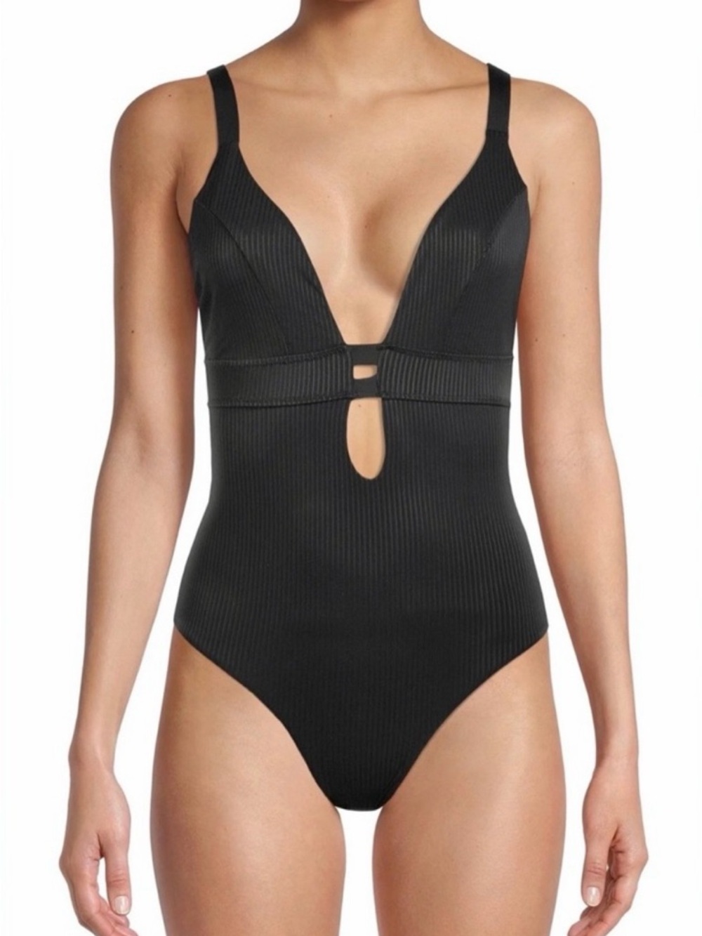 YMI Black Ribbed One Piece Swimsuit Plunge Neck Keyhole Cutout Large
